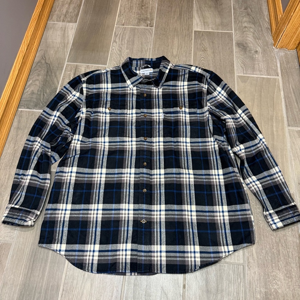 Carhartt Men's 2XL Flannel Blue and White Plaid Shirt Button Up